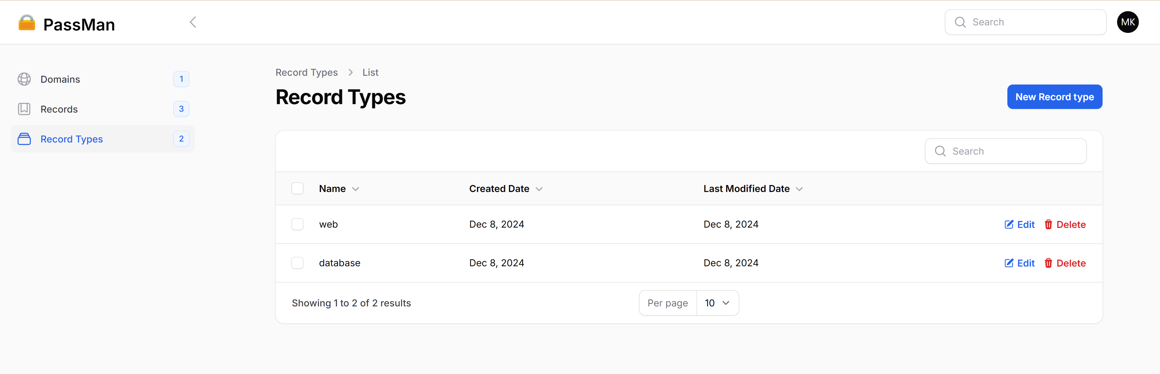 Screenshot: Record Types